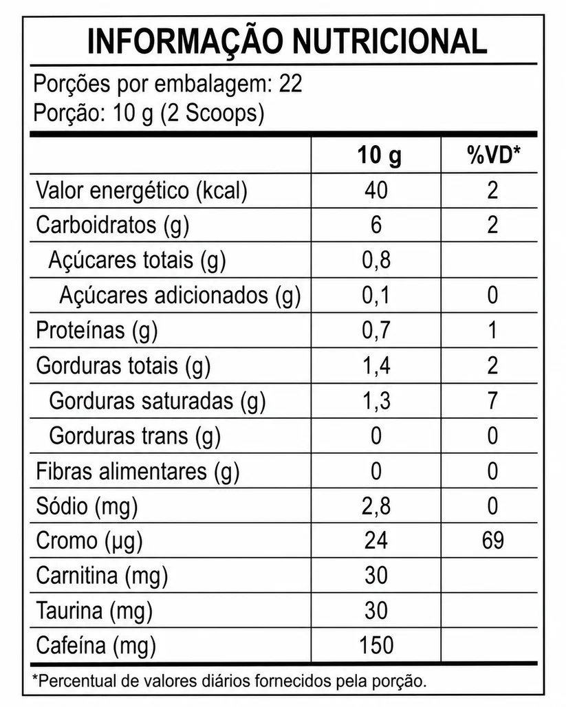 Tabela de informação nutricional do Návillus Coffee